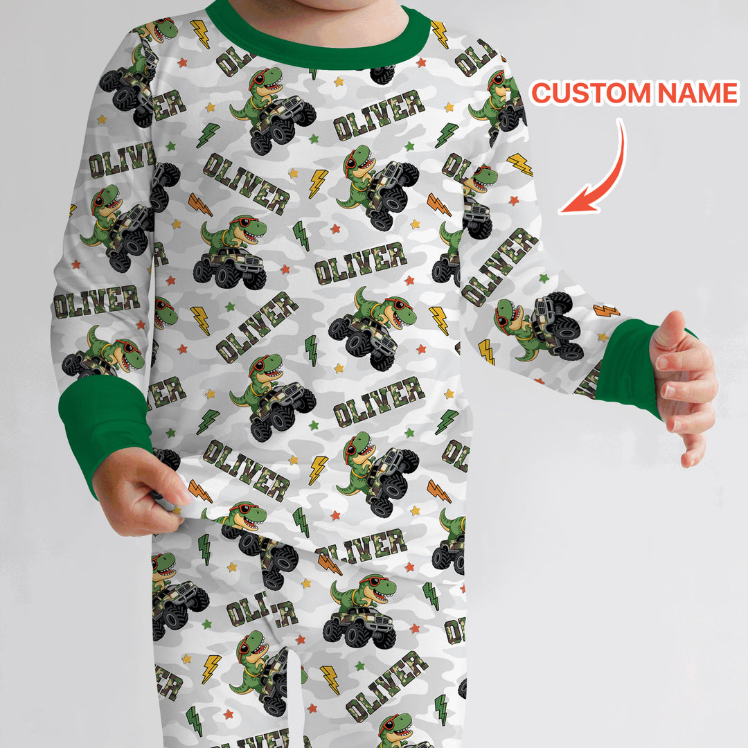 Custom Name Camo Trucker Dino Two Piece Long Sleeve Pajama Set