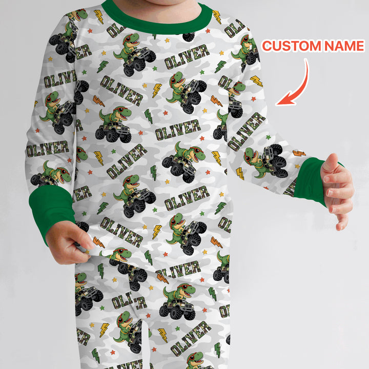 Custom Name Camo Trucker Dino Two Piece Long Sleeve Pajama Set