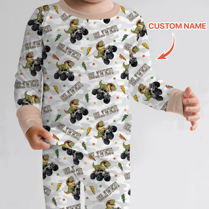 Custom Name Camo Trucker Dino Two Piece Long Sleeve Pajama Set