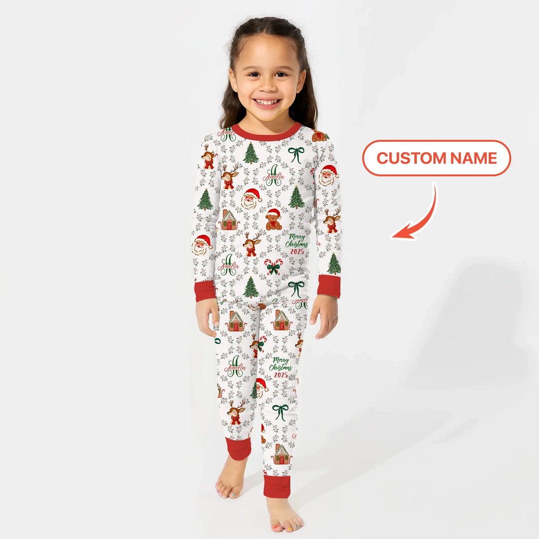Custom name "Fancy Monogram Red Christmas 2025" Two Piece Long Sleeve Pajama Set