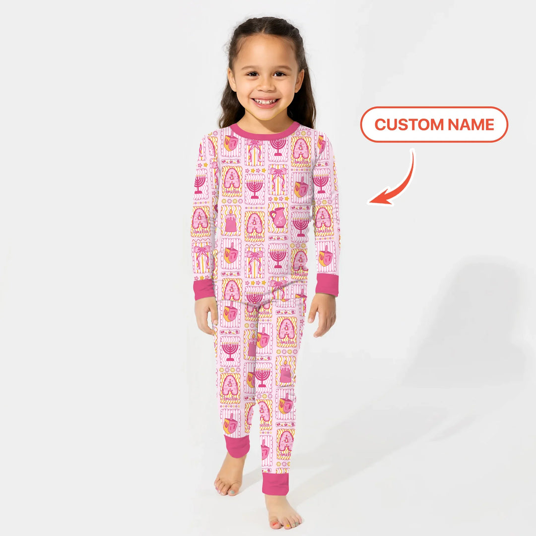 Custom Name Hanukkah Wonderland Two Piece Long Sleeve Pajama Set