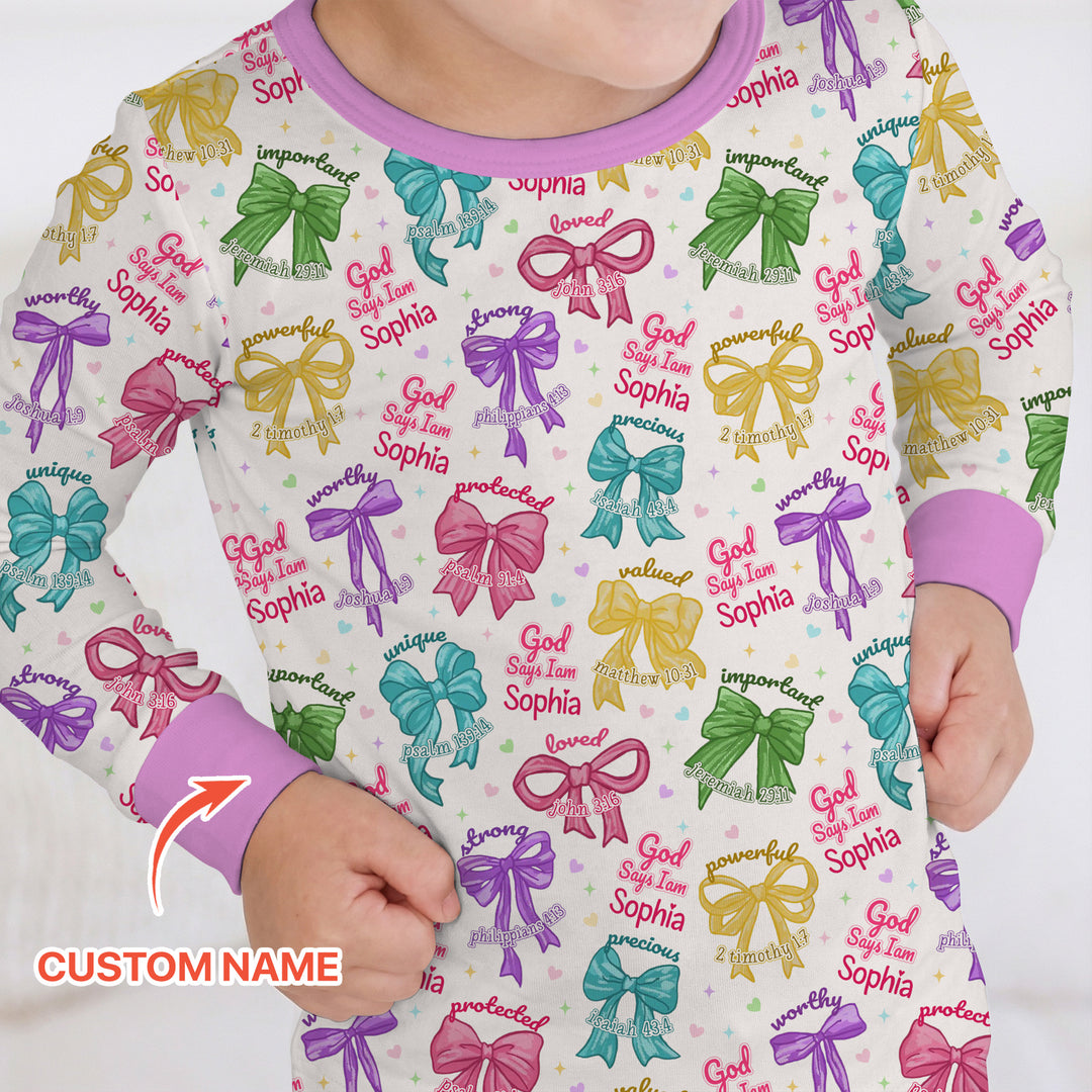 God Says I Am Bow Blessings Custom Name Two Piece Long Sleeve Pajama Set