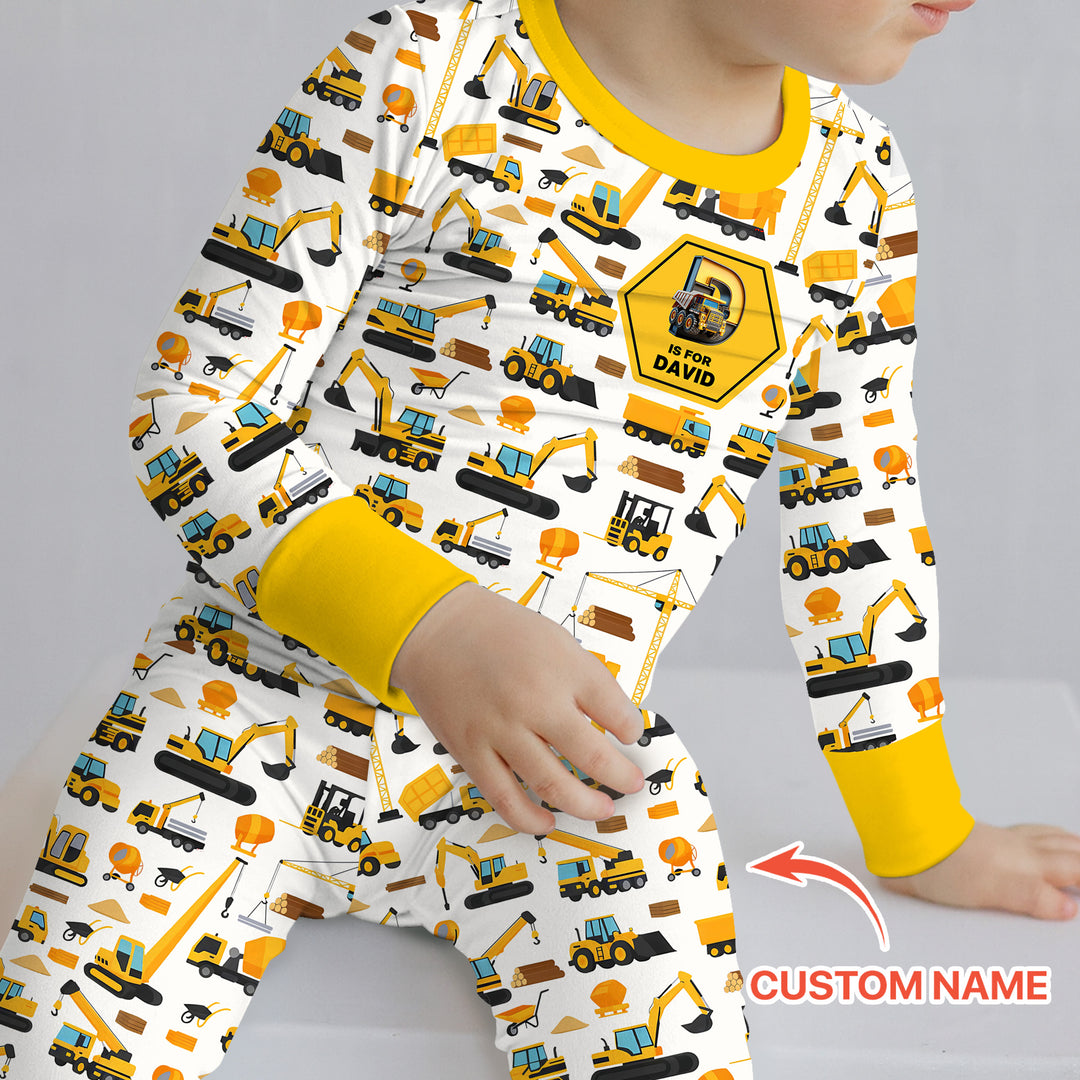 Custom Name Construction Initials Two Piece Long Sleeve Pajama Set