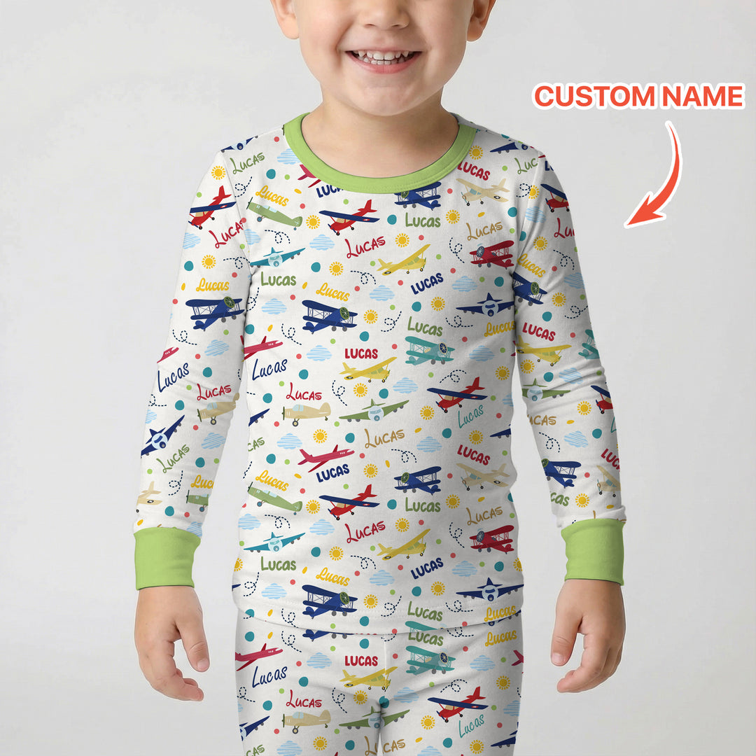 Custom Name Air Transport Two Piece Long Sleeve Pajama Set