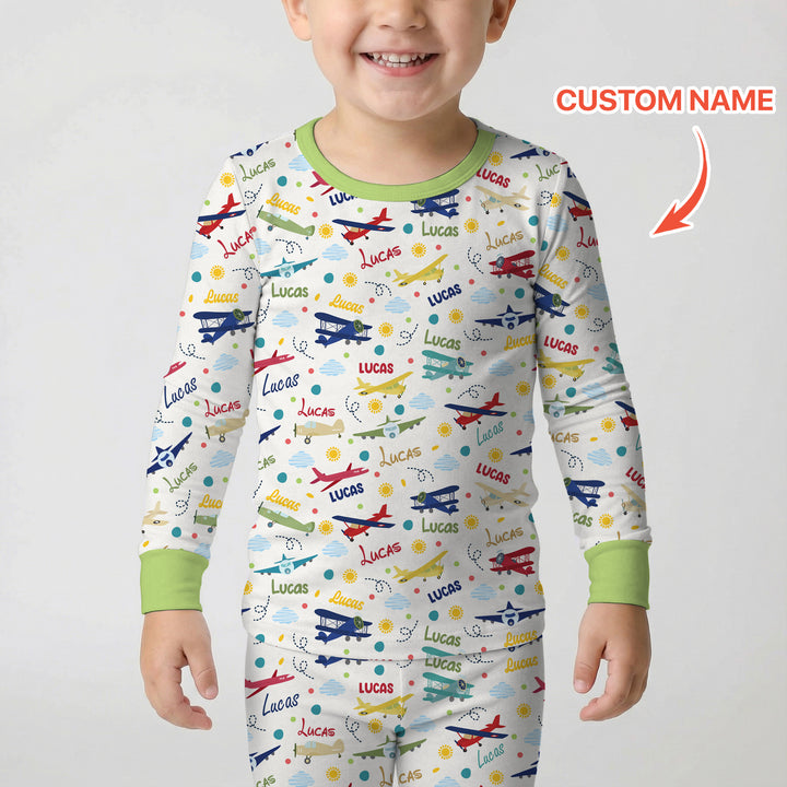 Custom Name Air Transport Two Piece Long Sleeve Pajama Set