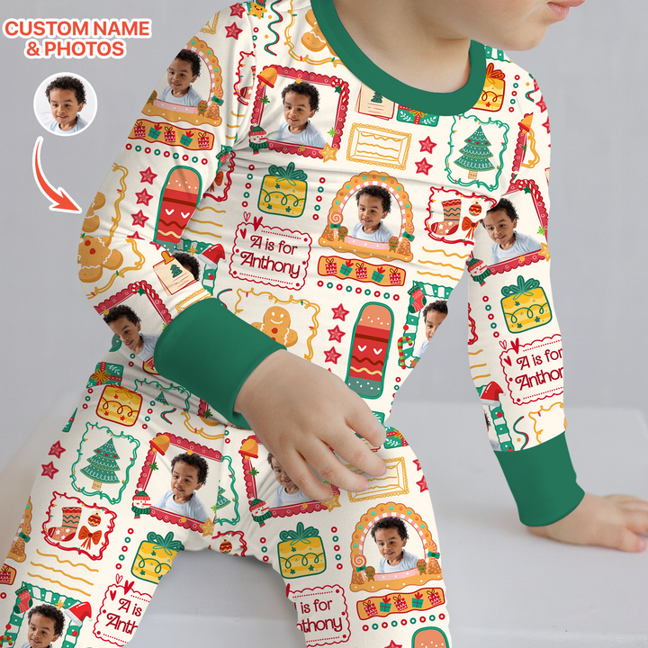 Custom Photo Christmas Frame Custom Name Two Piece Long Sleeve Pajama Set
