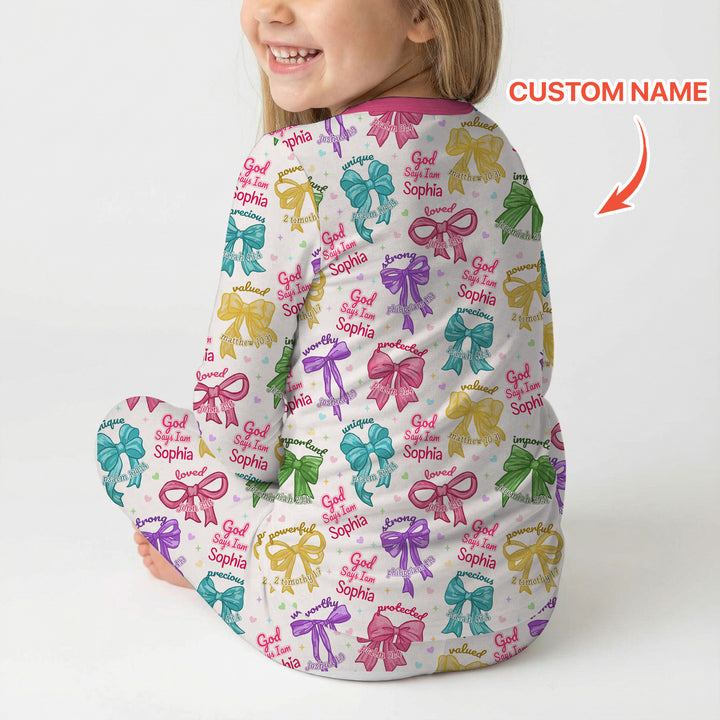 God Says I Am Bow Blessings Custom Name Two Piece Long Sleeve Pajama Set