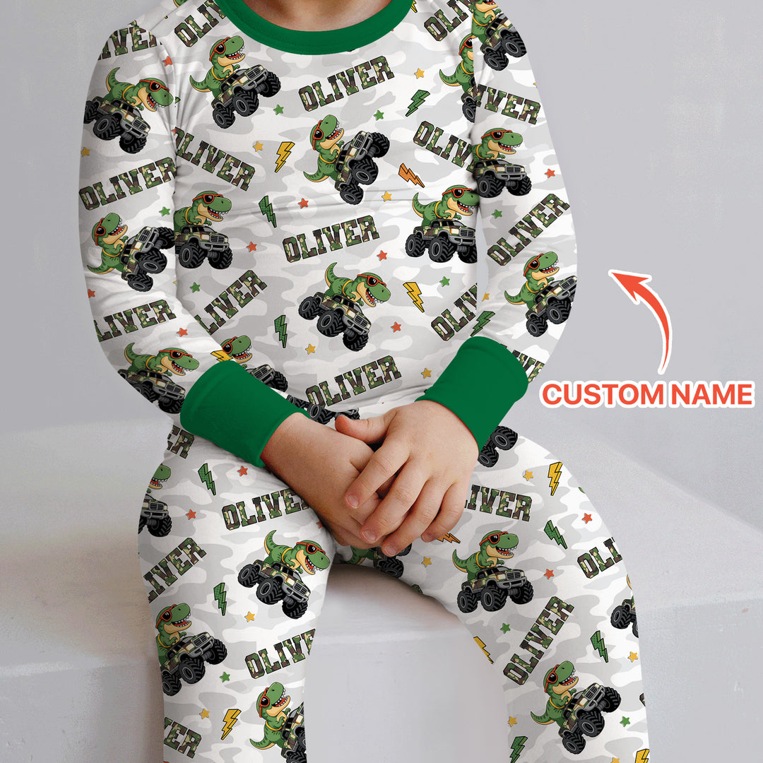 Custom Name Camo Trucker Dino Two Piece Long Sleeve Pajama Set