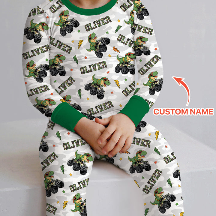 Custom Name Camo Trucker Dino Two Piece Long Sleeve Pajama Set