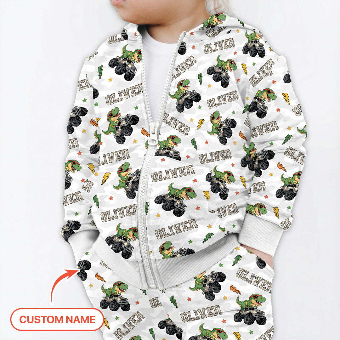 Custom Name Camo Trucker Dino Zip Hoodie