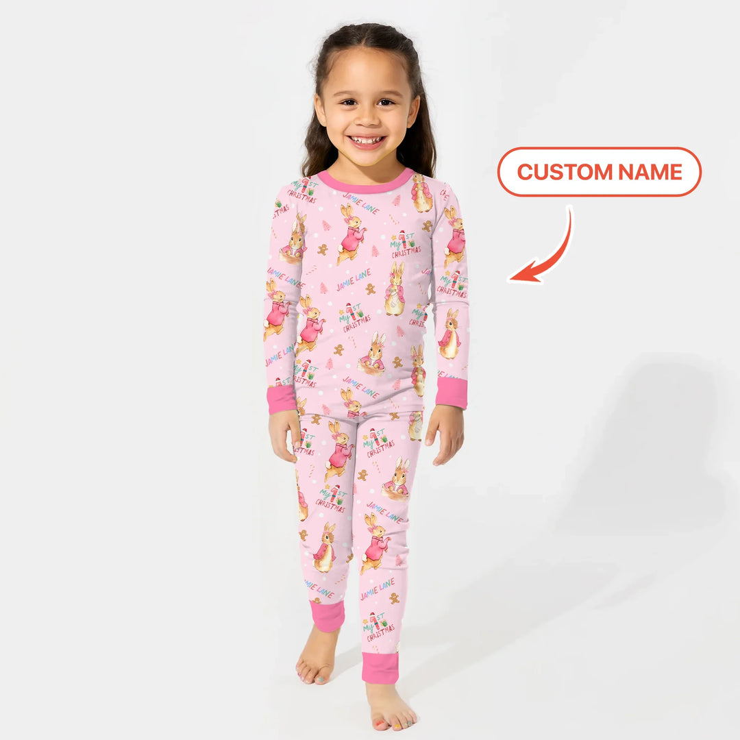 Custom 1st Christmas Rabbit Two Piece Long Sleeve Pajama Set , Custom 1st Christmas Rabbit Two Piece Long Sleeve Pajama Set - 12-18M