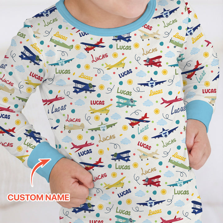 Custom Name Air Transport Two Piece Long Sleeve Pajama Set