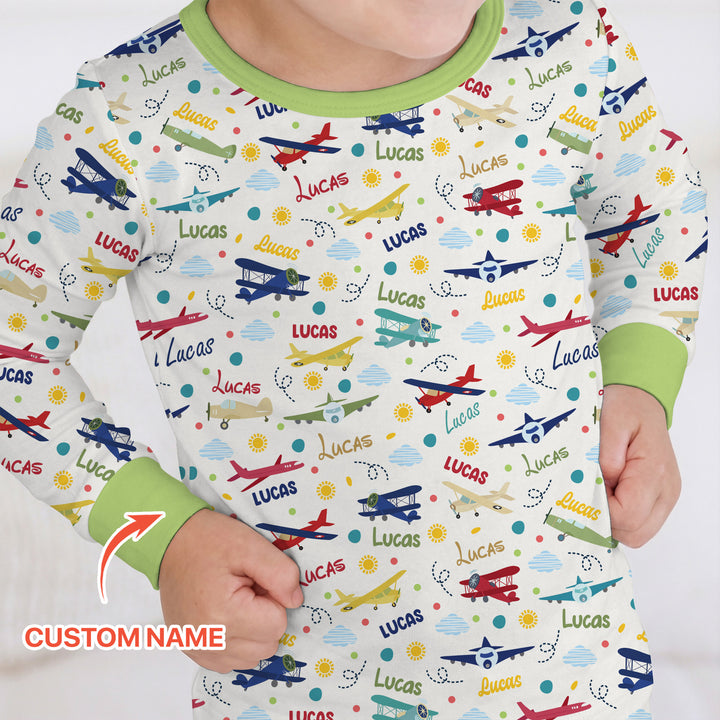 Custom Name Air Transport Two Piece Long Sleeve Pajama Set