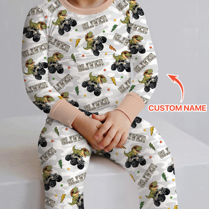 Custom Name Camo Trucker Dino Two Piece Long Sleeve Pajama Set