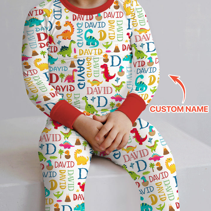 Personalized Fantasy Dinosaur Word Two Piece Long Sleeve Pajama Set