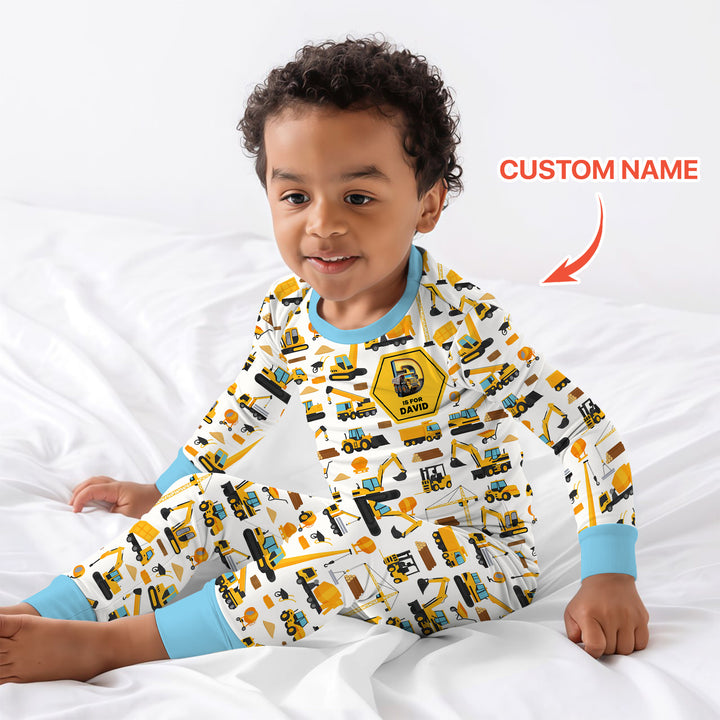 Custom Name Construction Initials Two Piece Long Sleeve Pajama Set