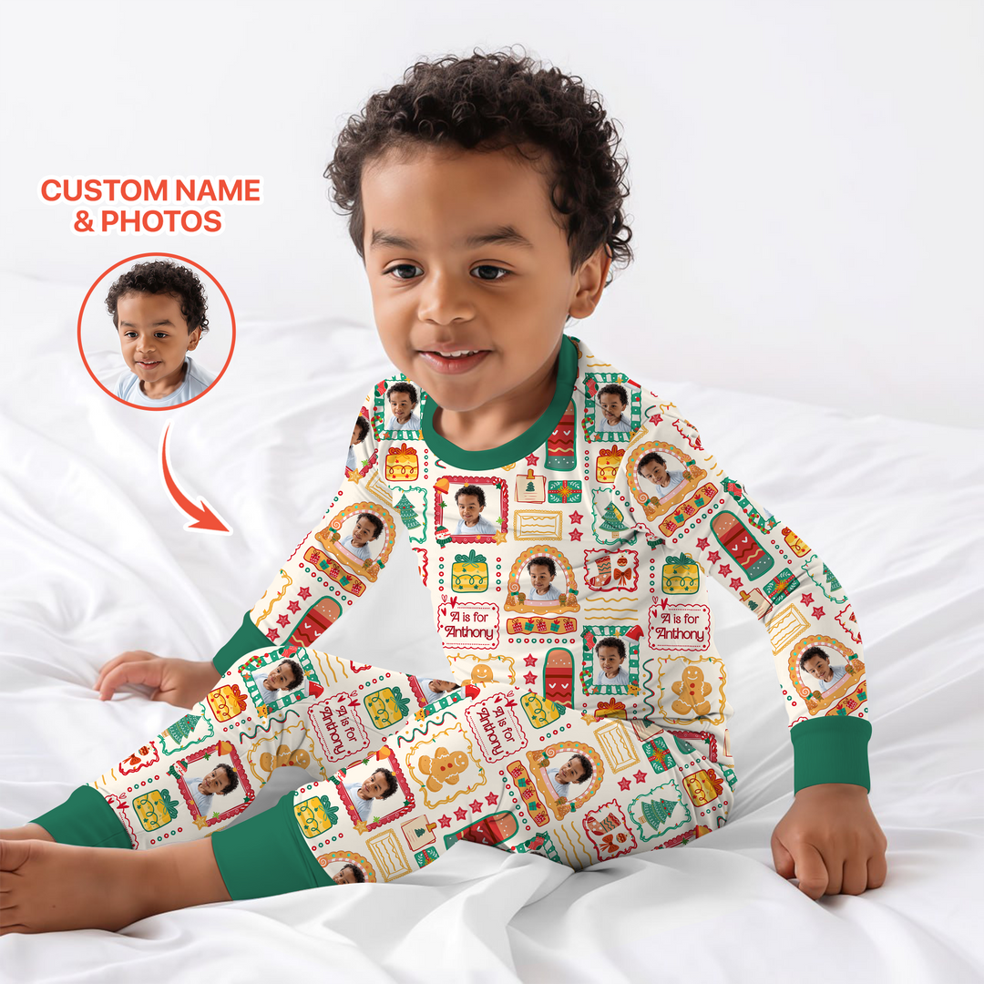 Custom Photo Christmas Frame Custom Name Two Piece Long Sleeve Pajama Set