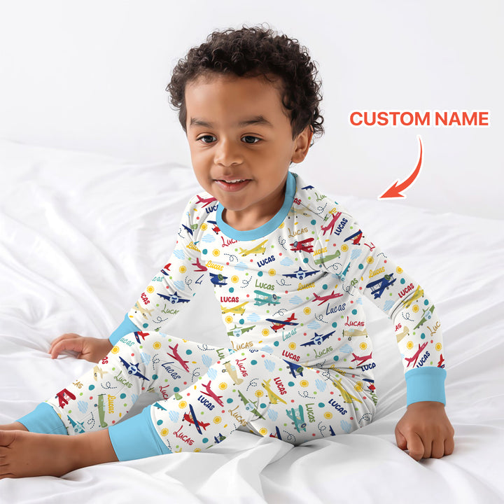Custom Name Air Transport Two Piece Long Sleeve Pajama Set