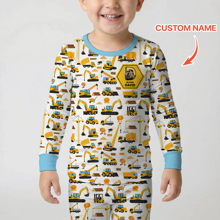 Custom Name Construction Initials Two Piece Long Sleeve Pajama Set