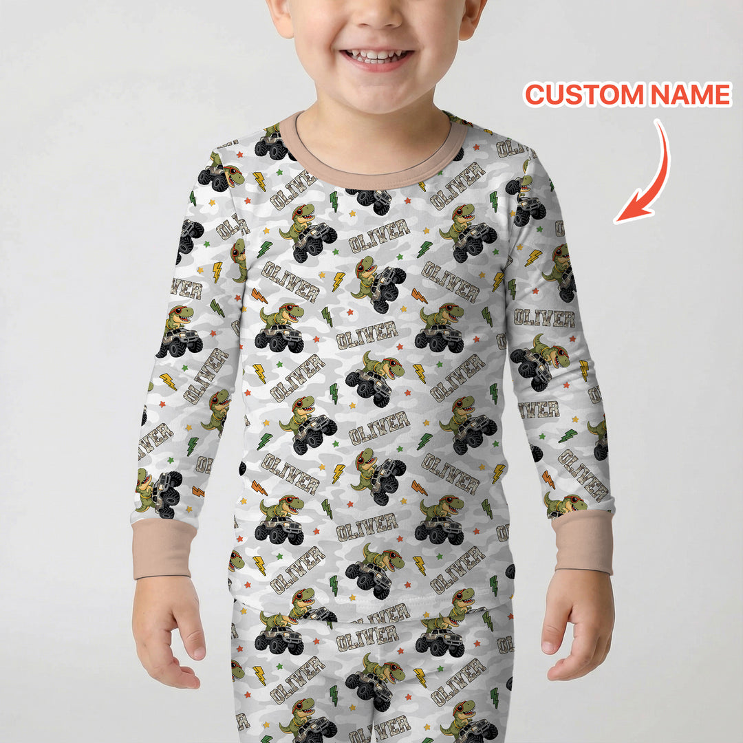 Custom Name Camo Trucker Dino Two Piece Long Sleeve Pajama Set