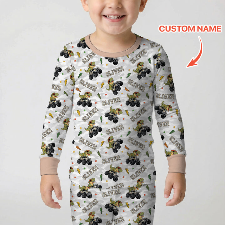 Custom Name Camo Trucker Dino Two Piece Long Sleeve Pajama Set