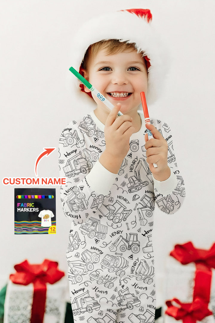 Construction Vehicules Custom Name Colorable Two Piece Long Sleeve Pajama Set
