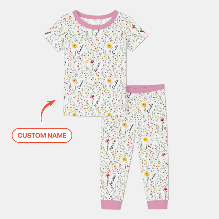 Birth Flower Custom Name Family Daughter Sister Two Piece Short Sleeve Pajama Set