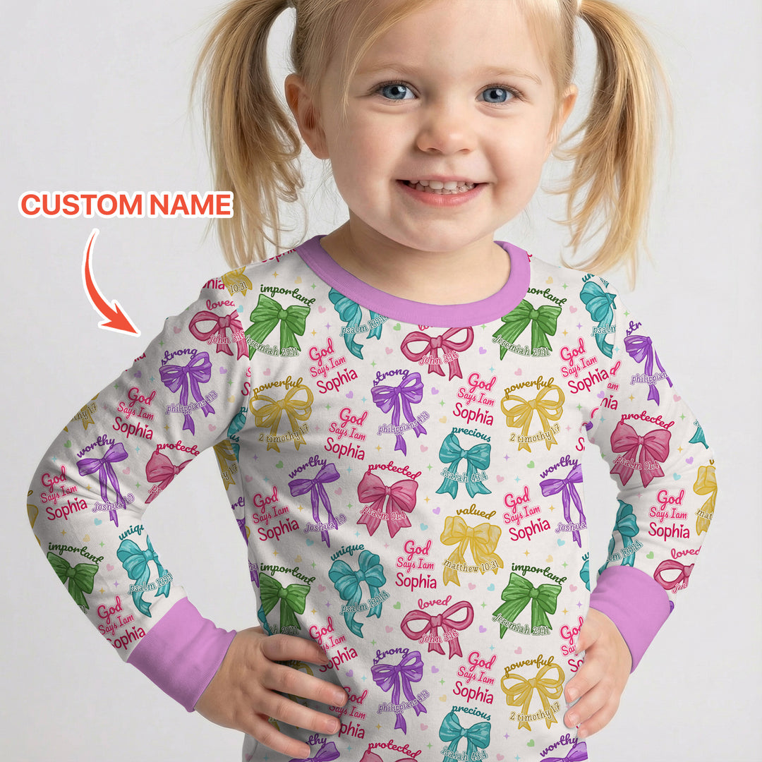 God Says I Am Bow Blessings Custom Name Two Piece Long Sleeve Pajama Set