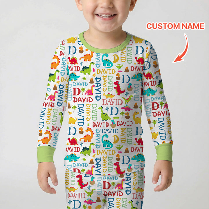 Personalized Fantasy Dinosaur Word Two Piece Long Sleeve Pajama Set