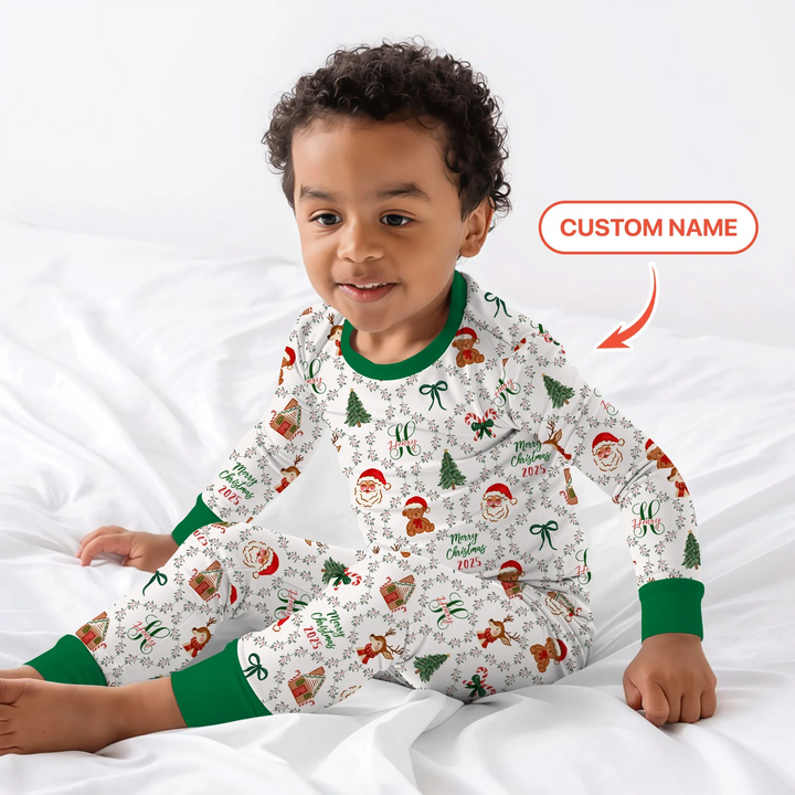 Custom name "Fancy Monogram Green Christmas 2025" Two Piece Long Sleeve Pajama Set