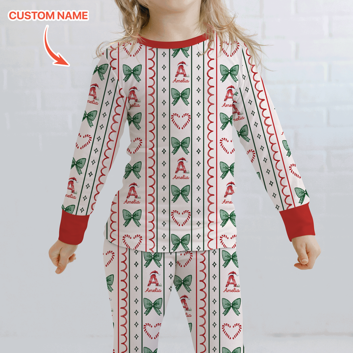 Custom Name Christmas Stripes Two Piece Long Sleeve Pajama Set