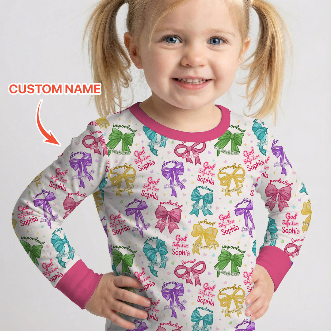 God Says I Am Bow Blessings Custom Name Two Piece Long Sleeve Pajama Set