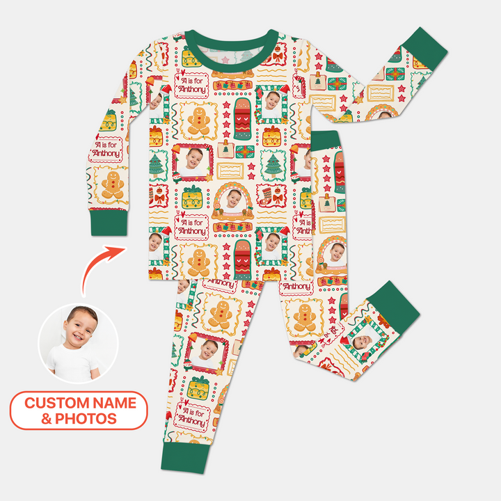 Custom Photo Christmas Frame Custom Name Two Piece Long Sleeve Pajama Set