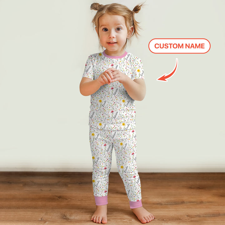 Birth Flower Custom Name Family Daughter Sister Two Piece Short Sleeve Pajama Set