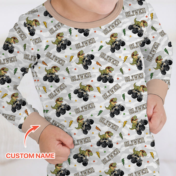 Custom Name Camo Trucker Dino Two Piece Long Sleeve Pajama Set