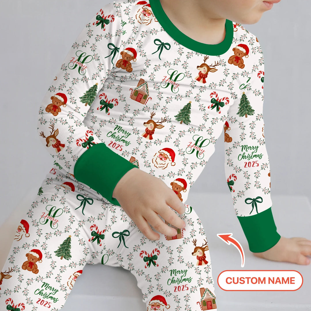 Custom name "Fancy Monogram Green Christmas 2025" Two Piece Long Sleeve Pajama Set