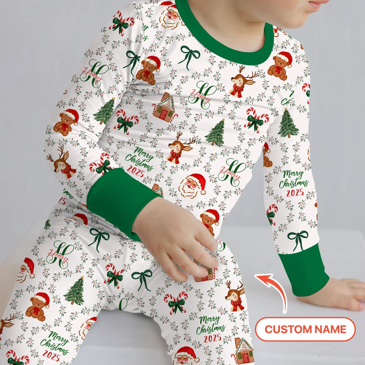 Custom name "Fancy Monogram Green Christmas 2025" Two Piece Long Sleeve Pajama Set