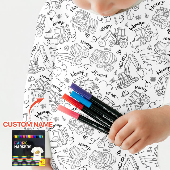 Construction Vehicules Custom Name Colorable Two Piece Long Sleeve Pajama Set