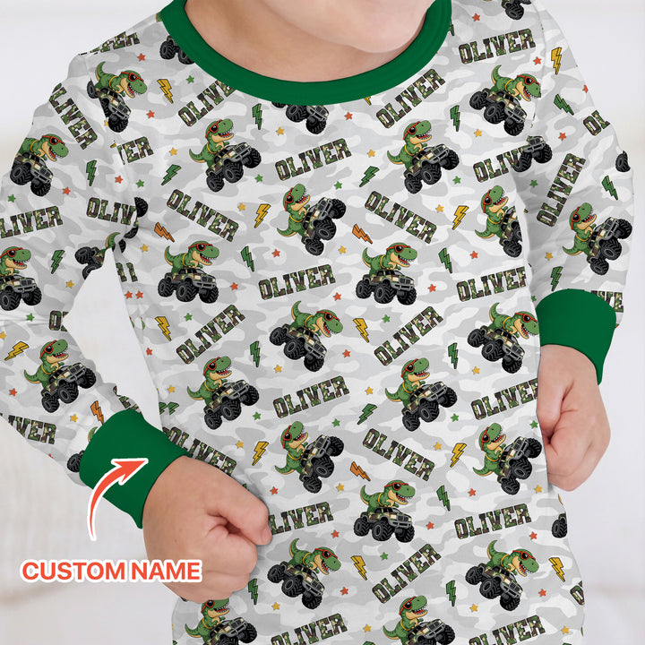 Custom Name Camo Trucker Dino Two Piece Long Sleeve Pajama Set