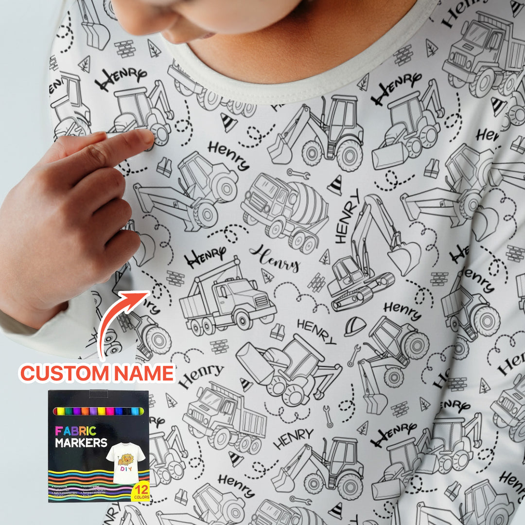 Construction Vehicules Custom Name Colorable Two Piece Long Sleeve Pajama Set