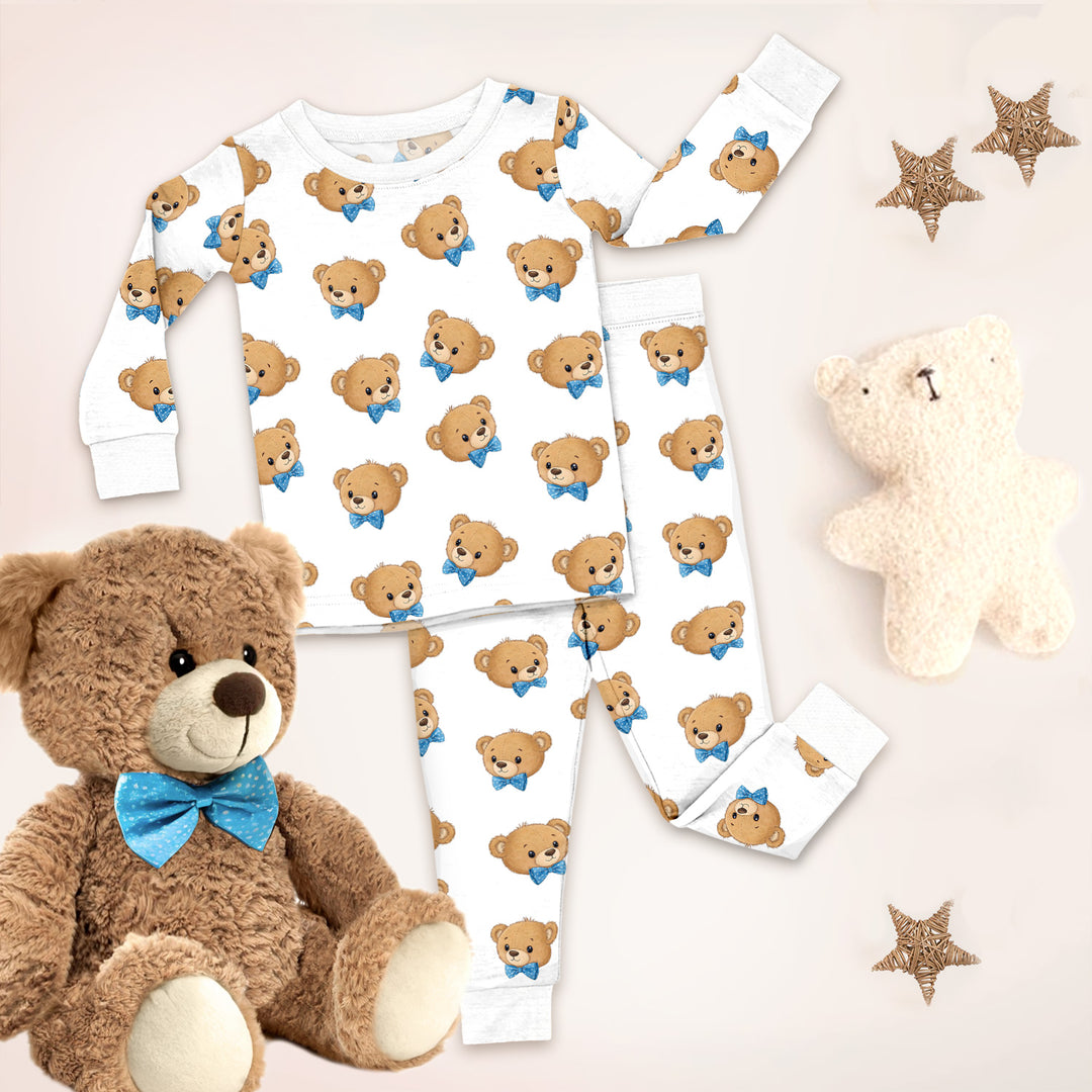 Blue Bow Teddy Bear Head Bamboo Pajama for Baby