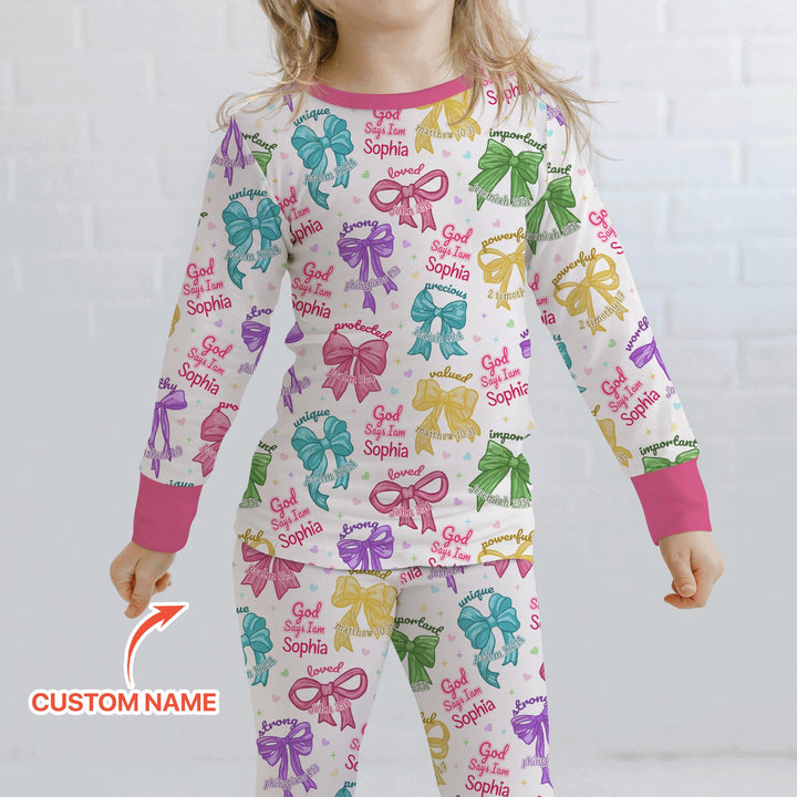 God Says I Am Bow Blessings Custom Name Two Piece Long Sleeve Pajama Set