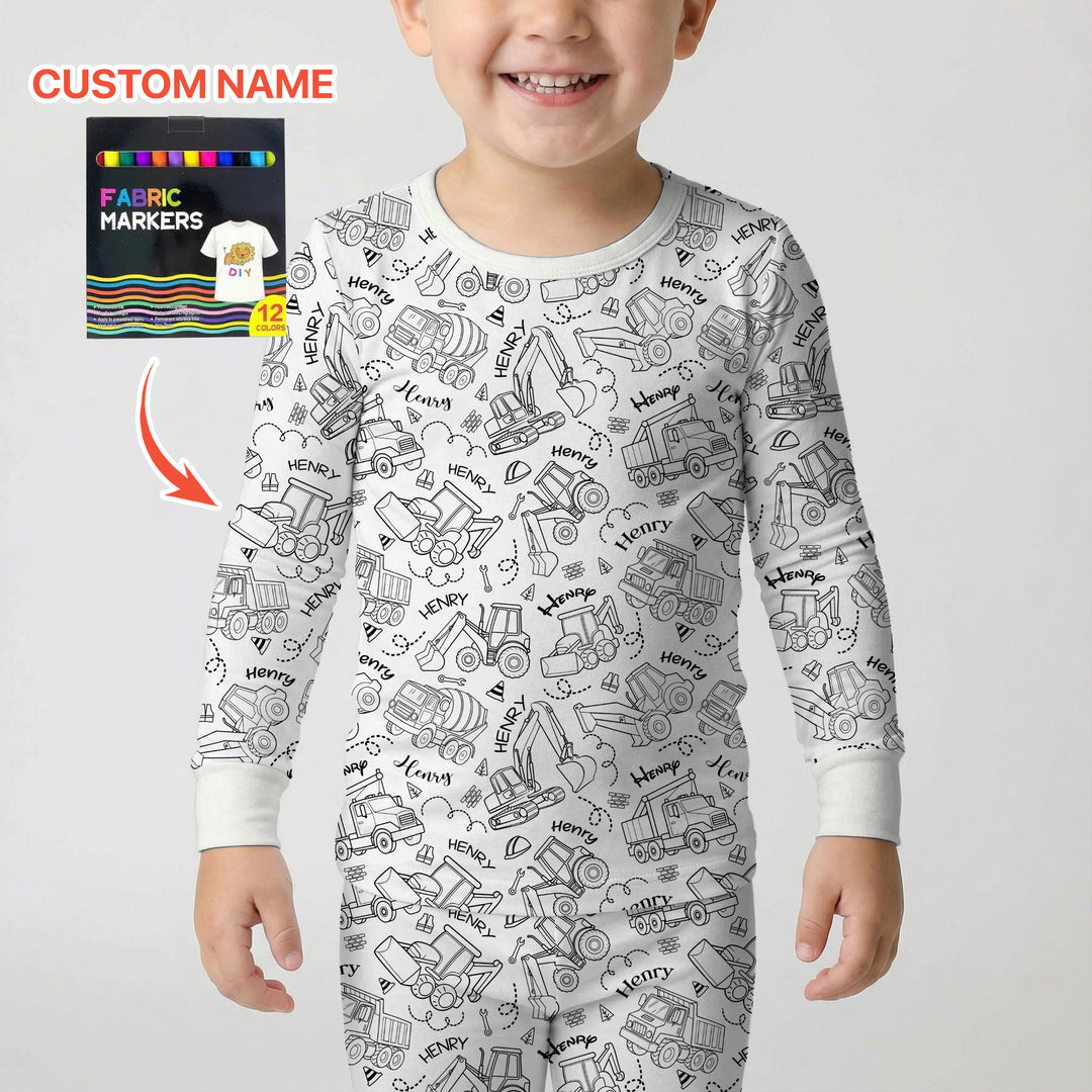 Construction Vehicules Custom Name Colorable Two Piece Long Sleeve Pajama Set