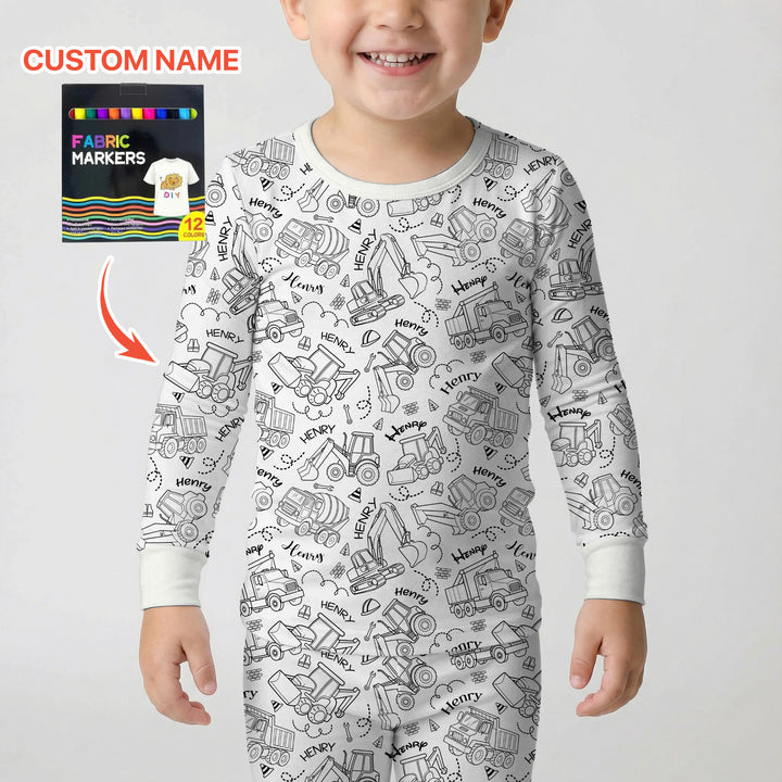 Construction Vehicules Custom Name Colorable Two Piece Long Sleeve Pajama Set