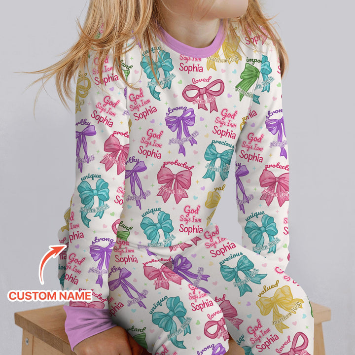 God Says I Am Bow Blessings Custom Name Two Piece Long Sleeve Pajama Set