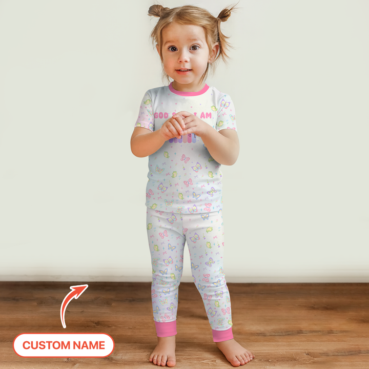 Personalized Butterfly Blessings God Says I Am Two Piece Short Sleeve Pajama Set