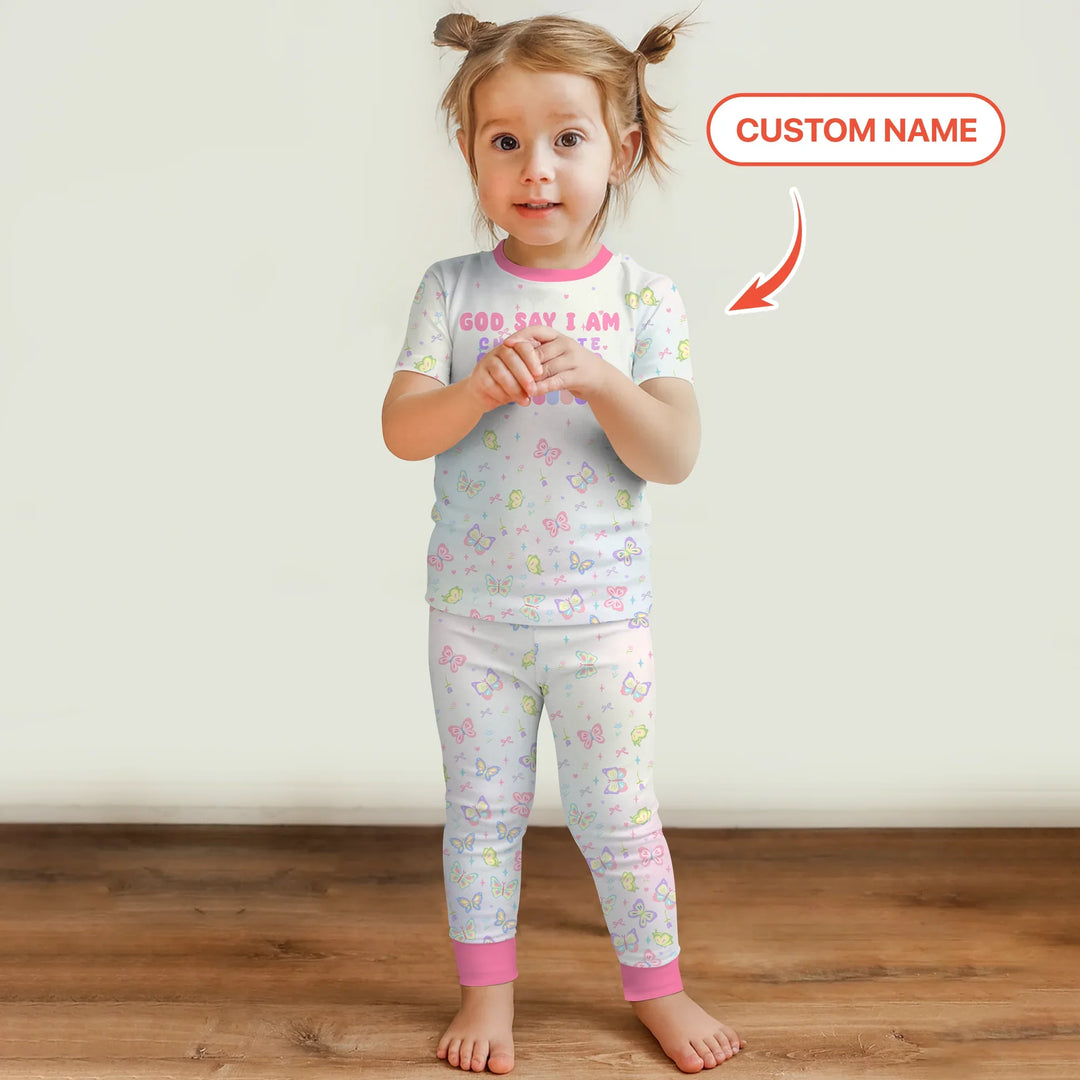 Personalized Butterfly Blessings God Says I Am Two Piece Short Sleeve Pajama Set , Personalized Butterfly Blessings God Says I Am Two Piece Short Sleeve Pajama Set - 12-18M