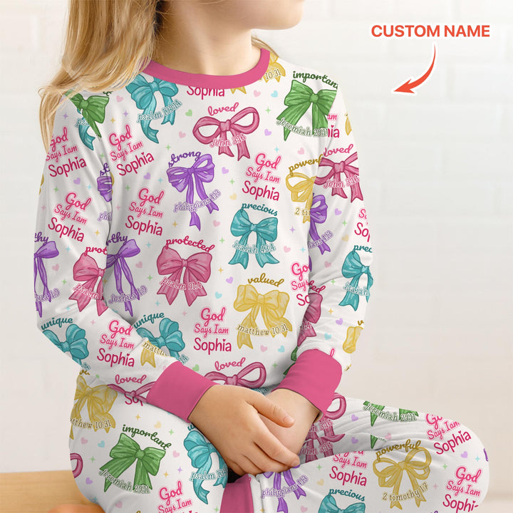 God Says I Am Bow Blessings Custom Name Two Piece Long Sleeve Pajama Set
