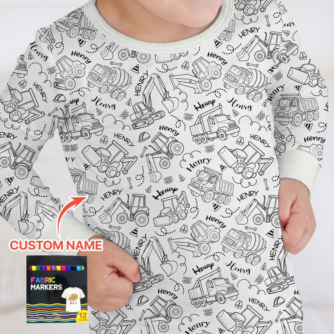 Construction Vehicules Custom Name Colorable Two Piece Long Sleeve Pajama Set