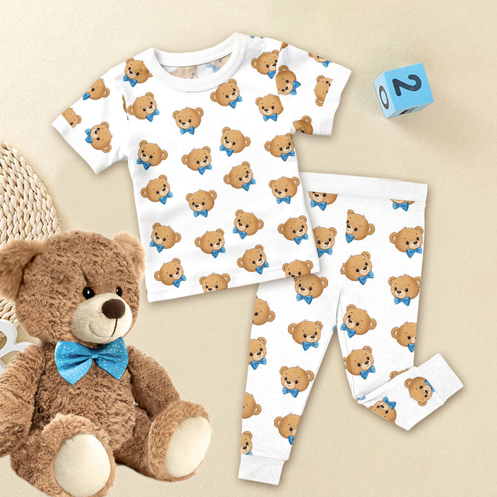 Blue Bow Teddy Bear Head Bamboo Pajama for Baby